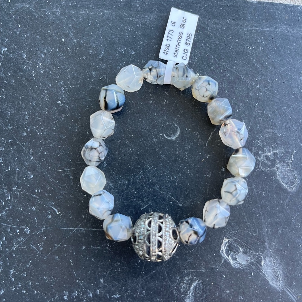 Web Agate Faceted Beads with Diamond Beaded Bracelet 6”